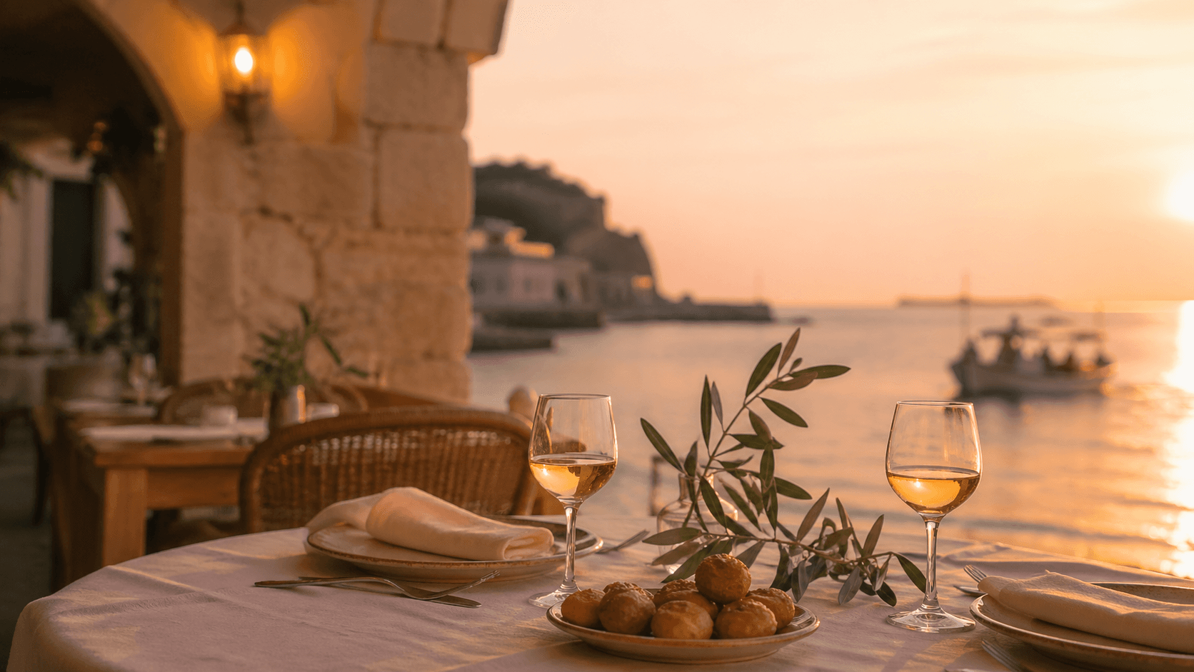Tavolo apparecchiato al tramonto sul porto del Salento